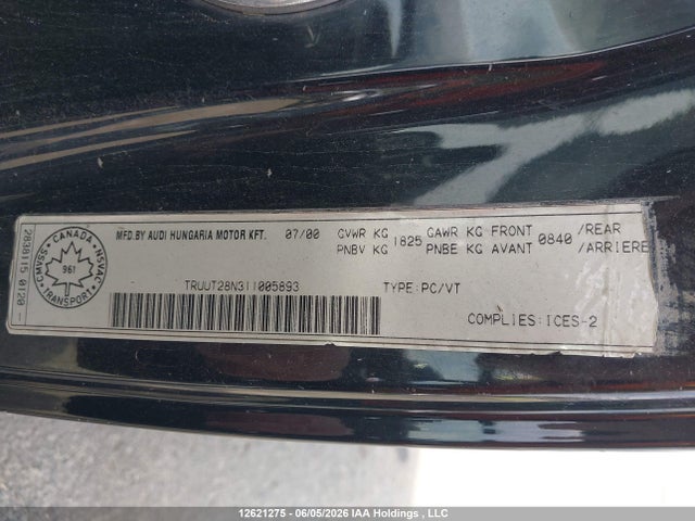 12621275 :رقم المزاد ، TRUUT28N311005893 vin ، 2001 Audi Quattro مزاد بيع