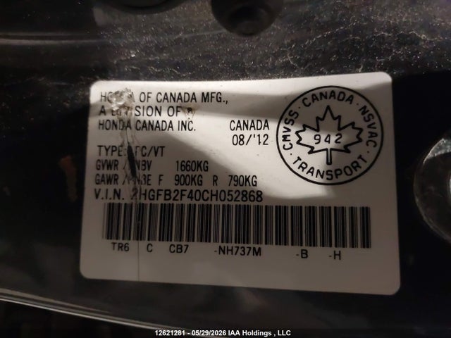 Aukcja sprzedaży 2012 Honda Civic Lx, vin: 2HGFB2F40CH052868, numer aukcji: 12621281