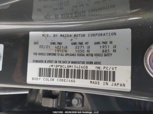 12621292 :رقم المزاد ، JM1BPBCL8M1342608 vin ، 2021 Mazda Mazda3 Gs مزاد بيع