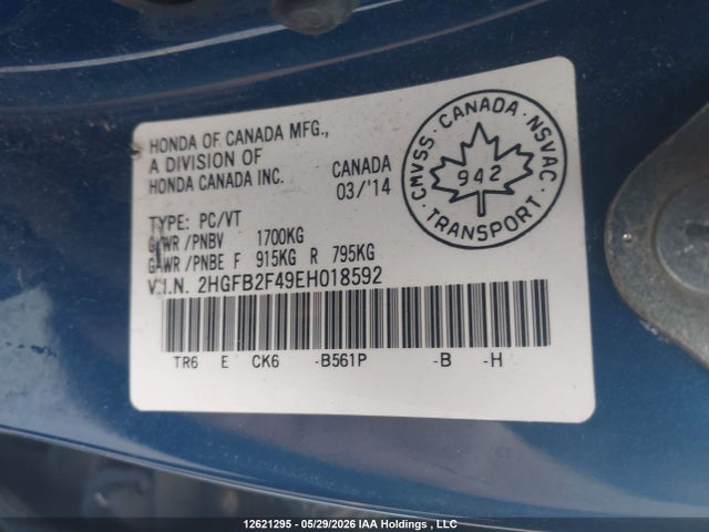 12621295 :رقم المزاد ، 2HGFB2F49EH018592 vin ، 2014 Honda Civic Lx مزاد بيع