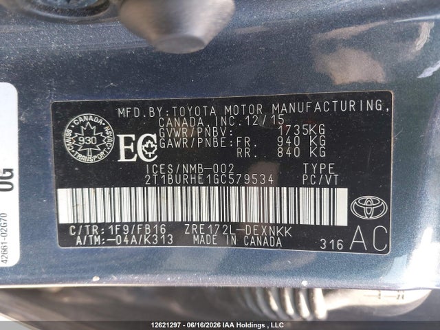 Продажа на аукционе авто 2016 Toyota Corolla L/le/le Pls/prm/s/s Pls, vin: 2T1BURHE1GC579534, номер лота: 12621297
