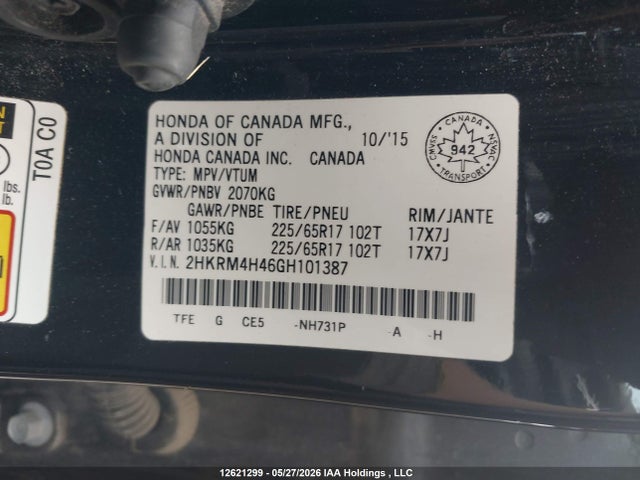 Aukcja sprzedaży 2016 Honda Cr-v Se, vin: 2HKRM4H46GH101387, numer aukcji: 12621299