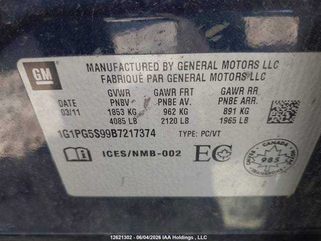 Продаж на аукціоні авто 2011 Chevrolet Cruze Lt Turbo, vin: 1G1PG5S99B7217374, номер лоту: 12621302