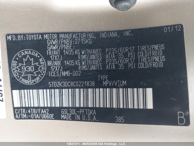 2012 Toyota Sienna მანქანა იყიდება აუქციონზე, vin: 5TDZK3DC8CS221838, აუქციონის ნომერი: 12621311