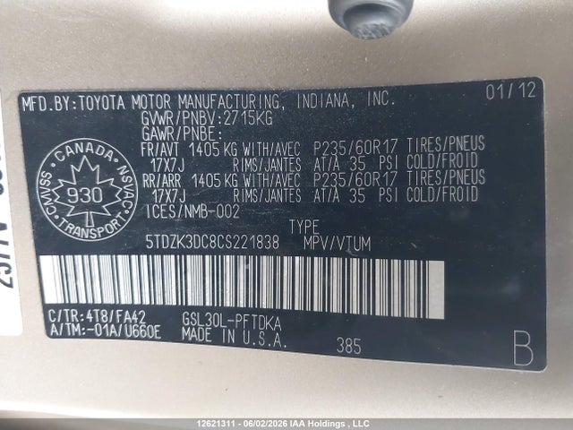 2012 Toyota Sienna მანქანა იყიდება აუქციონზე, vin: 5TDZK3DC8CS221838, აუქციონის ნომერი: 12621311