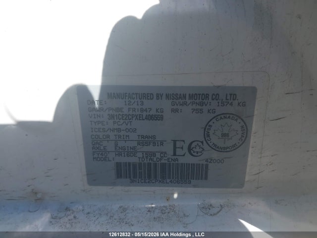 Продажа на аукционе авто 2014 Nissan Versa Note 1.6 S/1.6 Sl/1.6 Sv, vin: 3N1CE2CPXEL406559, номер лота: 12612832