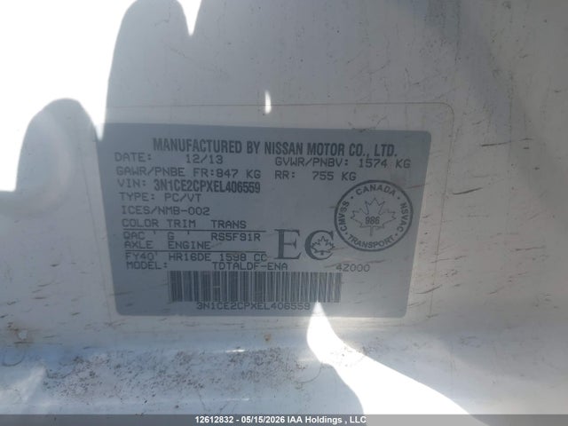 Продажа на аукционе авто 2014 Nissan Versa Note 1.6 S/1.6 Sl/1.6 Sv, vin: 3N1CE2CPXEL406559, номер лота: 12612832