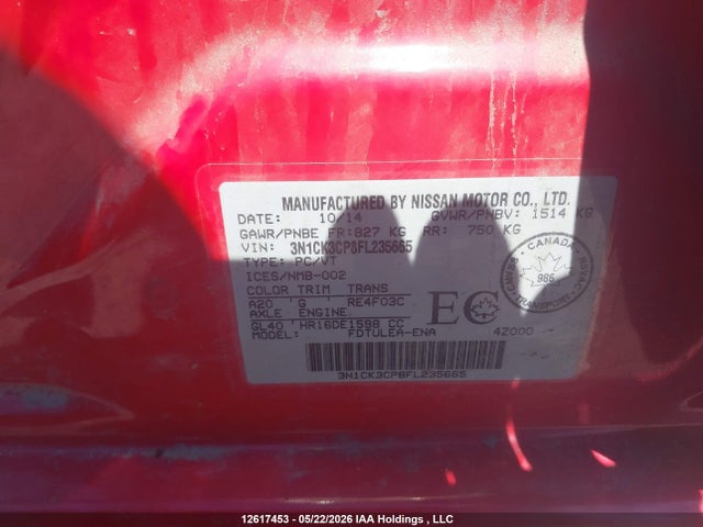 Aukcja sprzedaży 2015 Nissan Micra S/sr/sv, vin: 3N1CK3CP8FL235665, numer aukcji: 12617453