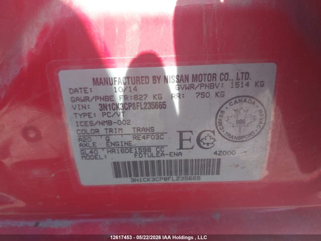 Aukcja sprzedaży 2015 Nissan Micra S/sr/sv, vin: 3N1CK3CP8FL235665, numer aukcji: 12617453