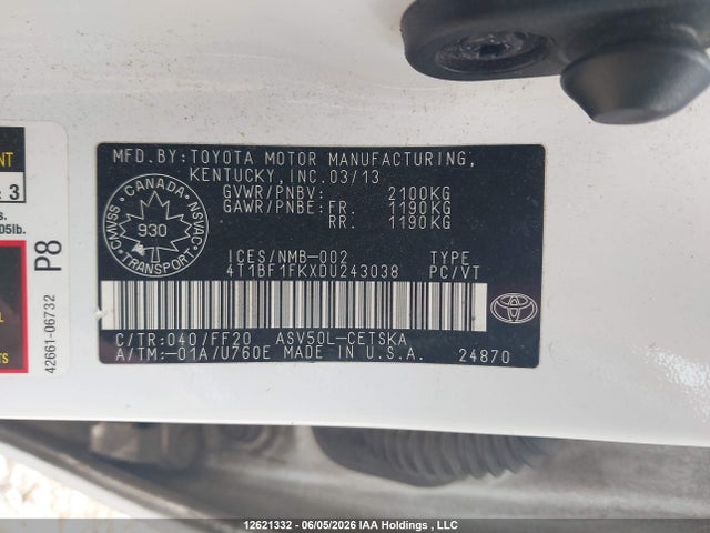 2013 Toyota Camry Se მანქანა იყიდება აუქციონზე, vin: 4T1BF1FKXDU243038, აუქციონის ნომერი: 12621332