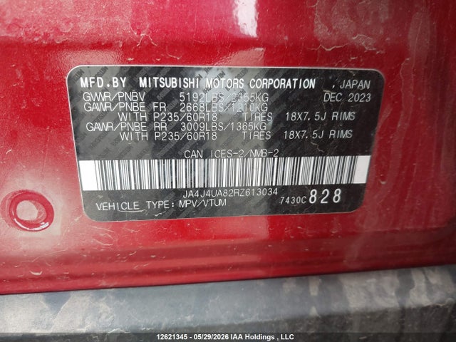 12621345 :رقم المزاد ، JA4J4UA82RZ613034 vin ، 2024 Mitsubishi Outlander Es مزاد بيع