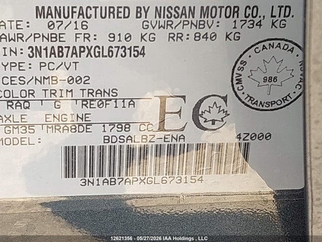 Продаж на аукціоні авто 2016 Nissan Sentra S/sv/sr/sl, vin: 3N1AB7APXGL673154, номер лоту: 12621356