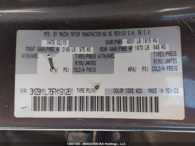3MZBM1L76FM191261 Mazda Mazda3 Gs