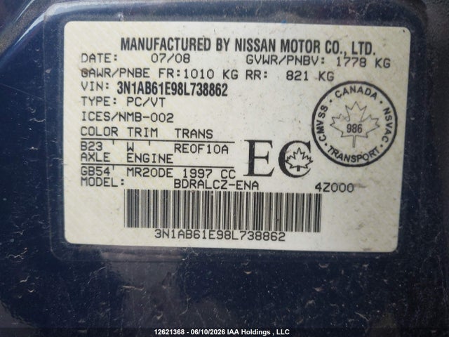 Aukcja sprzedaży 2008 Nissan Sentra 2.0/2.0s/2.0sl, vin: 3N1AB61E98L738862, numer aukcji: 12621368