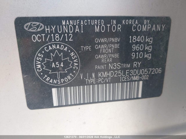 2013 Hyundai Elantra Gt მანქანა იყიდება აუქციონზე, vin: KMHD25LE3DU057206, აუქციონის ნომერი: 12621370