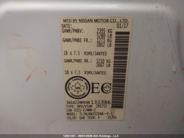 Продаж на аукціоні авто 2017 Nissan Murano Platinum/sl/sv, vin: 5N1AZ2MHXHN131386, номер лоту: 12621381