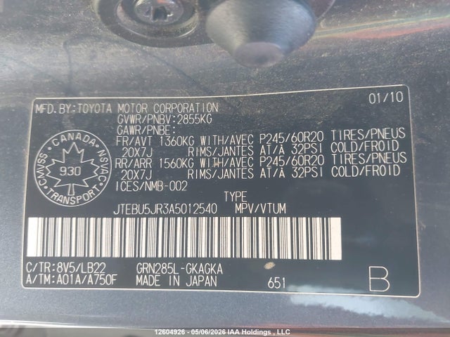 Продаж на аукціоні авто 2010 Toyota 4runner Sr5 V6, vin: JTEBU5JR3A5012540, номер лоту: 12604926