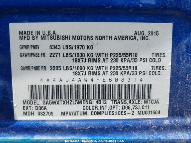 Продажа на аукционе авто 2015 Mitsubishi Rvr Gt, vin: 4A4AJ4AW4FE608314, номер лота: 12616538