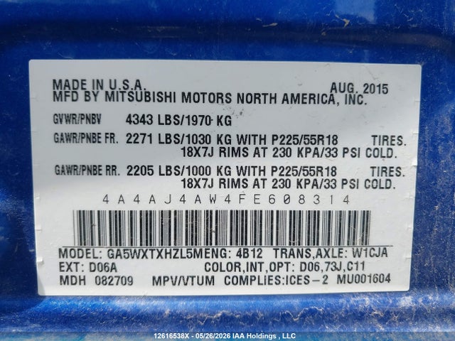 Продажа на аукционе авто 2015 Mitsubishi Rvr Gt, vin: 4A4AJ4AW4FE608314, номер лота: 12616538