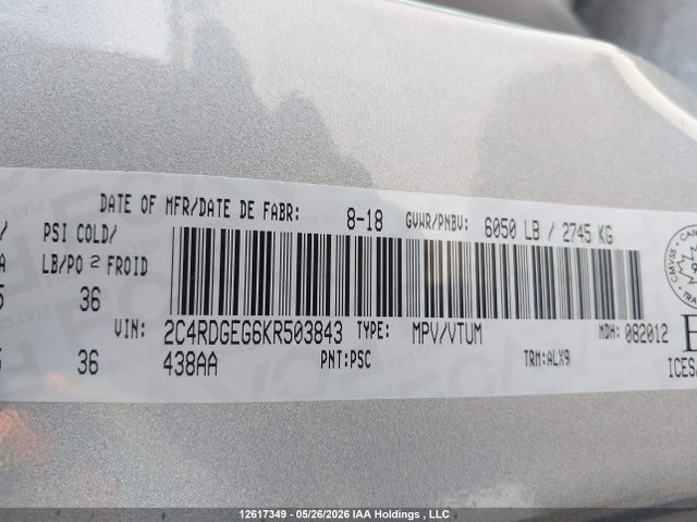 Aukcja sprzedaży 2019 Dodge Grand Caravan Gt, vin: 2C4RDGEG6KR503843, numer aukcji: 12617349