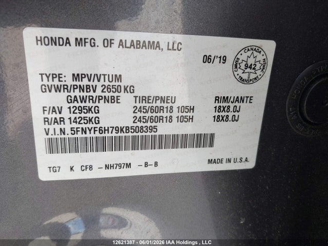 2019 Honda Pilot Exl მანქანა იყიდება აუქციონზე, vin: 5FNYF6H79KB508395, აუქციონის ნომერი: 12621387