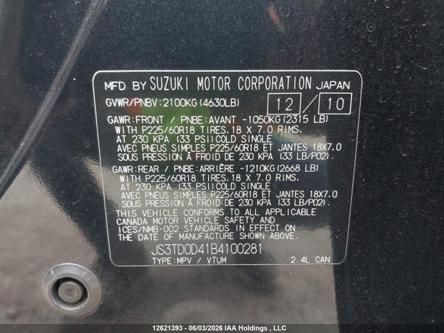 12621393 :رقم المزاد ، JS3TD0D41B4100281 vin ، 2011 Suzuki Grand Vitara Xsport مزاد بيع