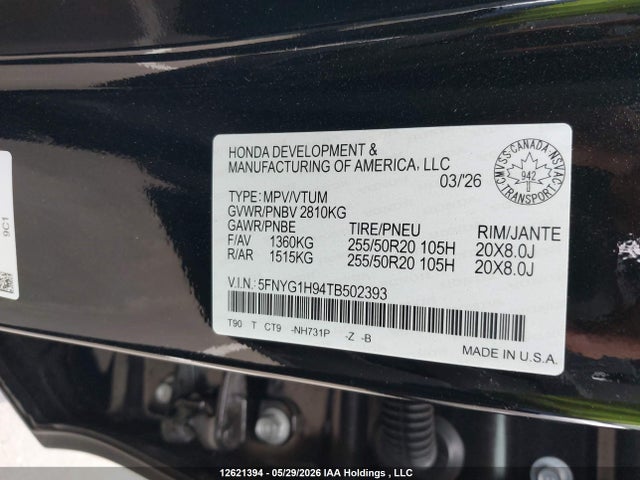 5FNYG1H94TB502393 Honda Pilot Black Edition