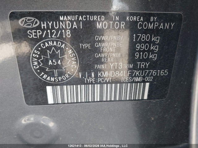 12621413 :رقم المزاد ، KMHD84LF7KU776165 vin ، 2019 Hyundai Elantra Preferred مزاد بيع