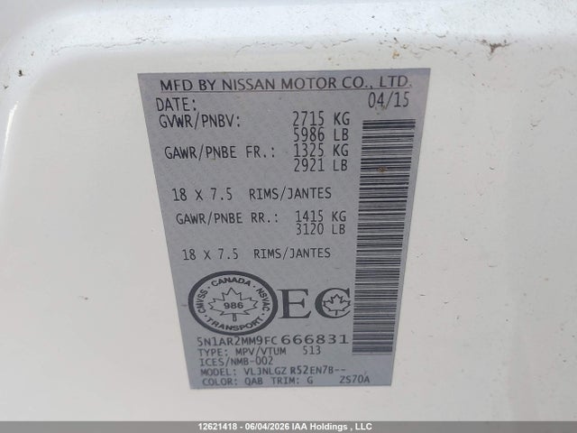Продаж на аукціоні авто 2015 Nissan Pathfinder S/sv/sl/platinum, vin: 5N1AR2MM9FC666831, номер лоту: 12621418