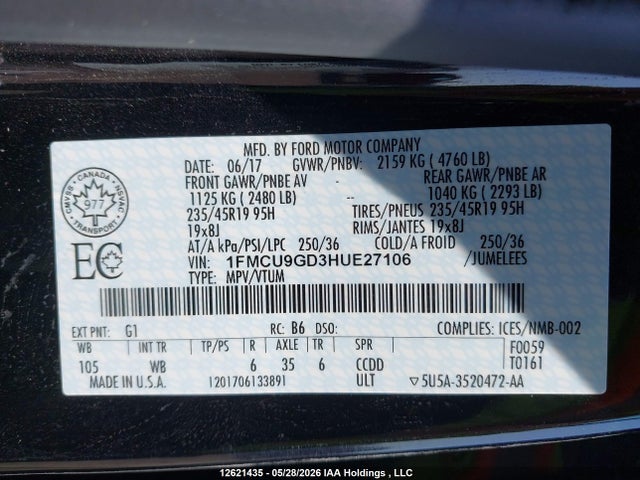 Продаж на аукціоні авто 2017 Ford Escape Se, vin: 1FMCU9GD3HUE27106, номер лоту: 12621435