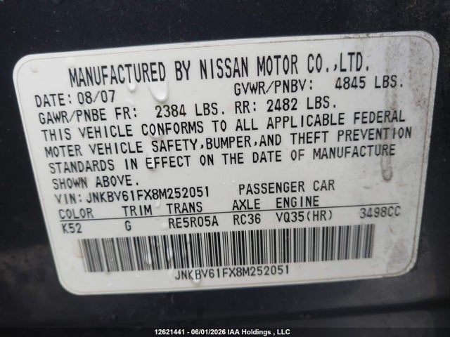2008 Infiniti G35x მანქანა იყიდება აუქციონზე, vin: JNKBV61FX8M252051, აუქციონის ნომერი: 12621441