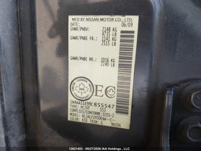 Продаж на аукціоні авто 2009 Nissan Maxima 3.5 S, vin: 1N4AA51E99C855547, номер лоту: 12621453