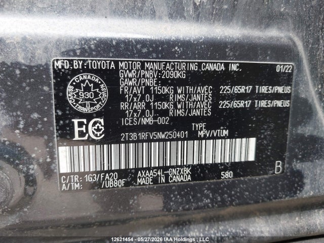 2022 Toyota Rav4 Le მანქანა იყიდება აუქციონზე, vin: 2T3B1RFV5NW250401, აუქციონის ნომერი: 12621454
