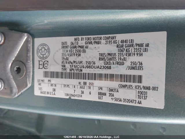 12621455 :رقم المزاد ، 1FMCU9J98DUA23068 vin ، 2013 Ford Escape Titanium مزاد بيع