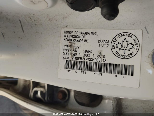 Продаж на аукціоні авто 2012 Honda Civic Lx, vin: 2HGFB2F4XCH063148, номер лоту: 12621457