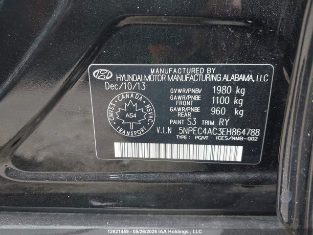 12621459 :رقم المزاد ، 5NPEC4AC3EH864788 vin ، 2014 Hyundai Sonata Se/limited مزاد بيع