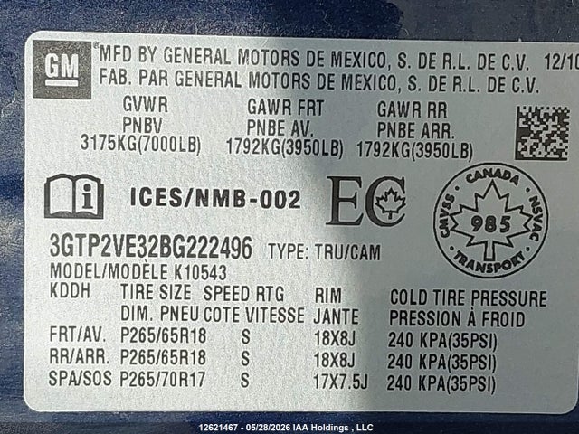 12621467 :رقم المزاد ، 3GTP2VE32BG222496 vin ، 2011 Gmc Sierra K1500 Sle مزاد بيع