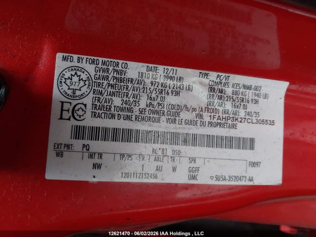 2012 Ford Focus Se მანქანა იყიდება აუქციონზე, vin: 1FAHP3K27CL305535, აუქციონის ნომერი: 12621470