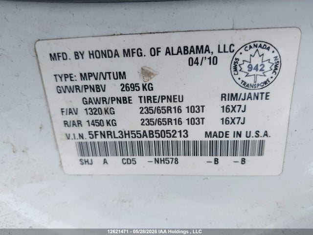 Aukcja sprzedaży 2010 Honda Odyssey Ex, vin: 5FNRL3H55AB505213, numer aukcji: 12621471