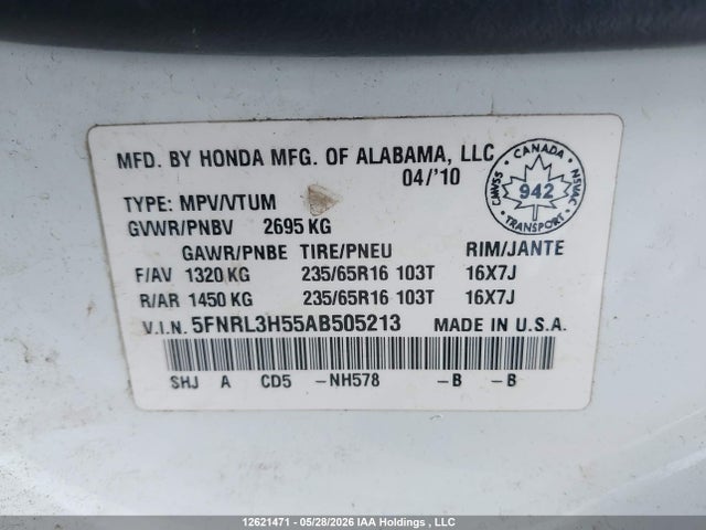 Aukcja sprzedaży 2010 Honda Odyssey Ex, vin: 5FNRL3H55AB505213, numer aukcji: 12621471