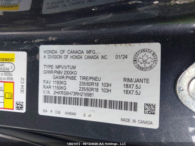 2024 Honda Cr-v Hybrid მანქანა იყიდება აუქციონზე, vin: 2HKRS6H73RH216981, აუქციონის ნომერი: 12621472