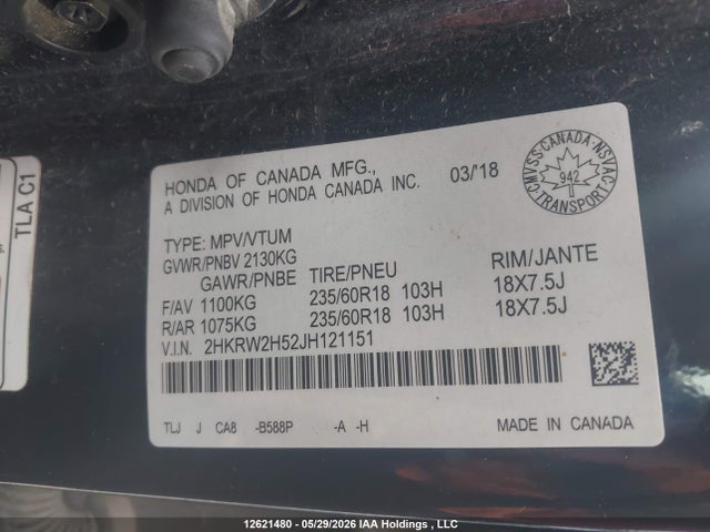 2018 Honda Cr-v Ex მანქანა იყიდება აუქციონზე, vin: 2HKRW2H52JH121151, აუქციონის ნომერი: 12621480
