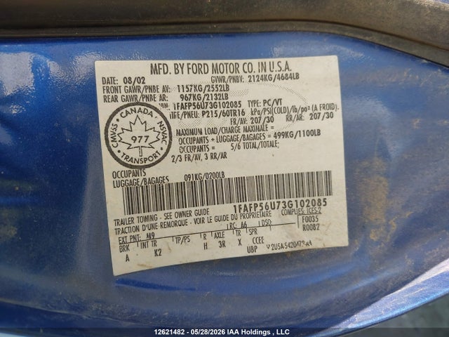 12621482 :رقم المزاد ، 1FAFP56U73G102085 vin ، 2003 Ford Taurus Sel مزاد بيع