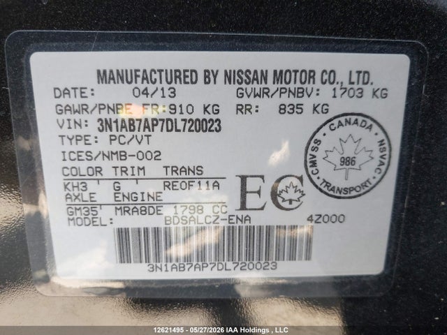 12621495 :رقم المزاد ، 3N1AB7AP7DL720023 vin ، 2013 Nissan Sentra S/sv/sr/sl مزاد بيع