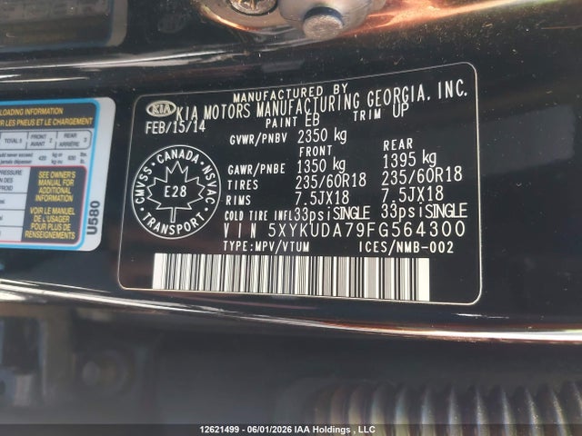 2015 Kia Sorento Ex V6 მანქანა იყიდება აუქციონზე, vin: 5XYKUDA79FG564300, აუქციონის ნომერი: 12621499