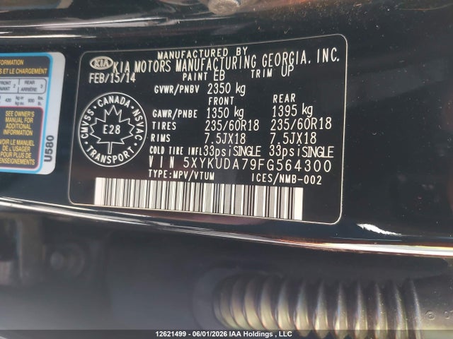 2015 Kia Sorento Ex V6 მანქანა იყიდება აუქციონზე, vin: 5XYKUDA79FG564300, აუქციონის ნომერი: 12621499