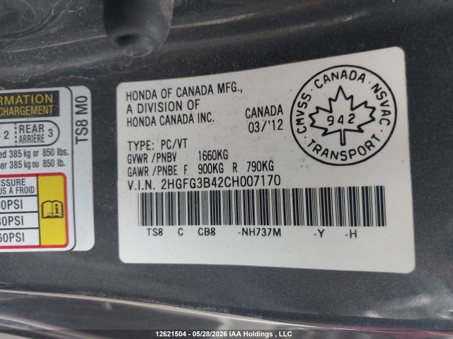 12621504 :رقم المزاد ، 2HGFG3B42CH007170 vin ، 2012 Honda Civic Lx مزاد بيع
