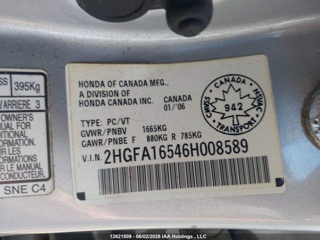 2006 Honda Civic Lx მანქანა იყიდება აუქციონზე, vin: 2HGFA16546H008589, აუქციონის ნომერი: 12621509