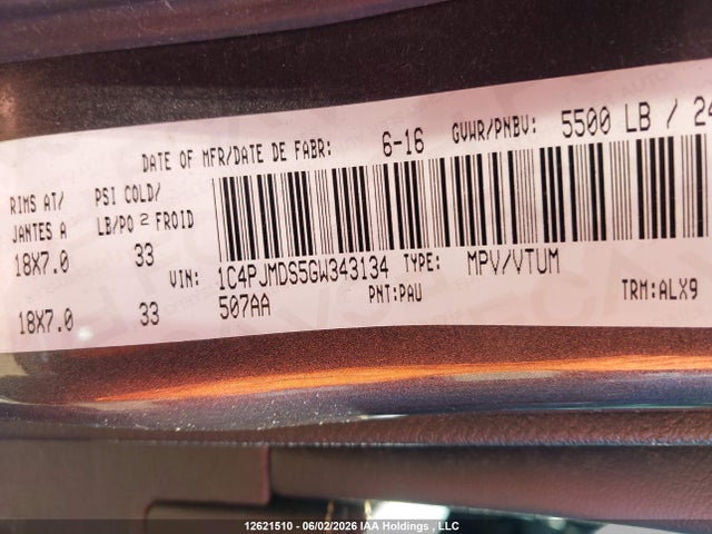 12621510 :رقم المزاد ، 1C4PJMDS5GW343134 vin ، 2016 Jeep Cherokee Limited مزاد بيع