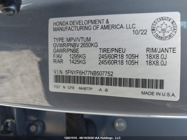 Продажа на аукционе авто 2022 Honda Pilot Ex-l Navi, vin: 5FNYF6H77NB507752, номер лота: 12621518